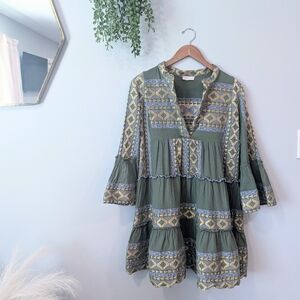Lace The Label By Anthropologie Olive and Gold Embroideref Dress Size Large